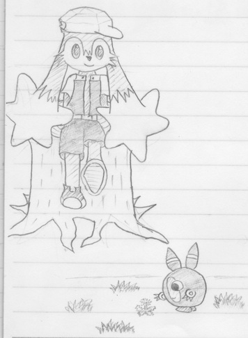 切り株に座るクロノアと草にたわむれるムゥ。そばにいるようで、そばにいないような。